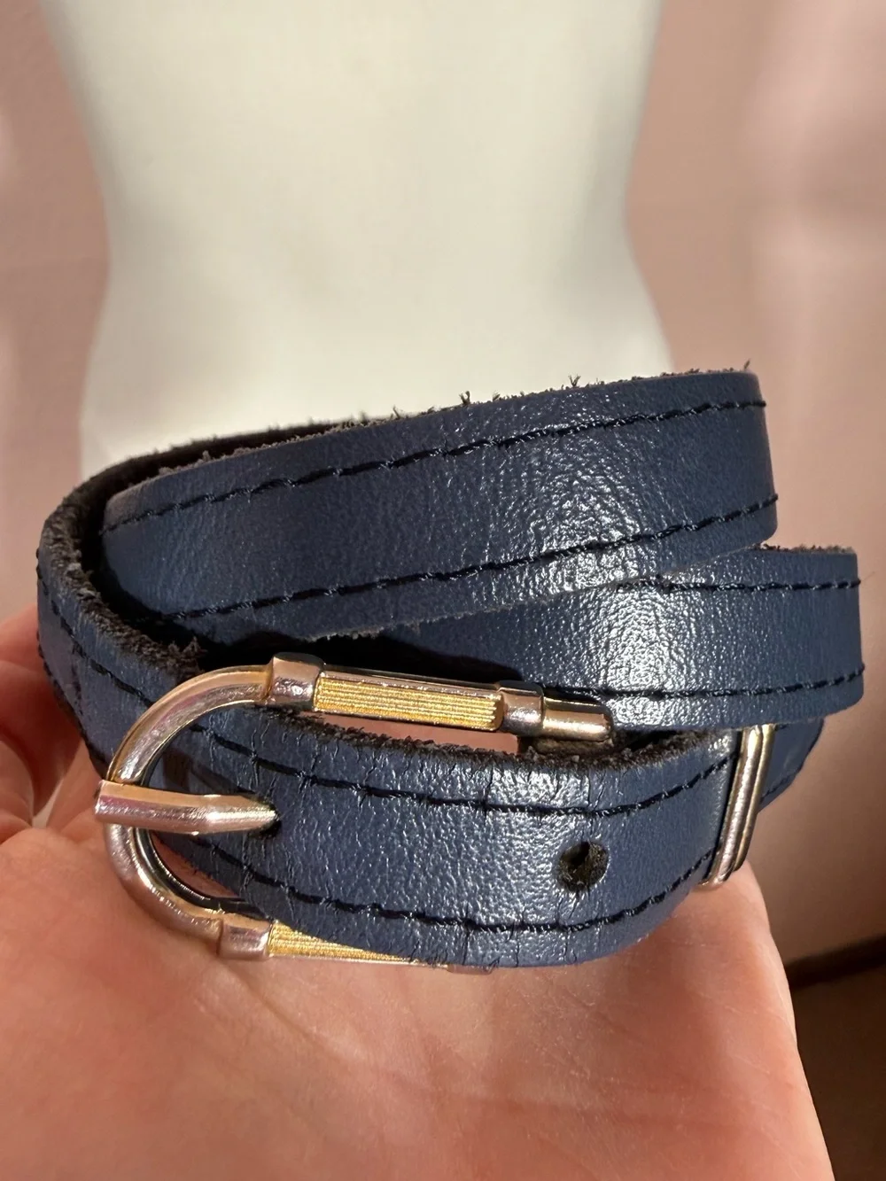 Vintage navy blue leather  minimalist skinny belt 28inches classic academia